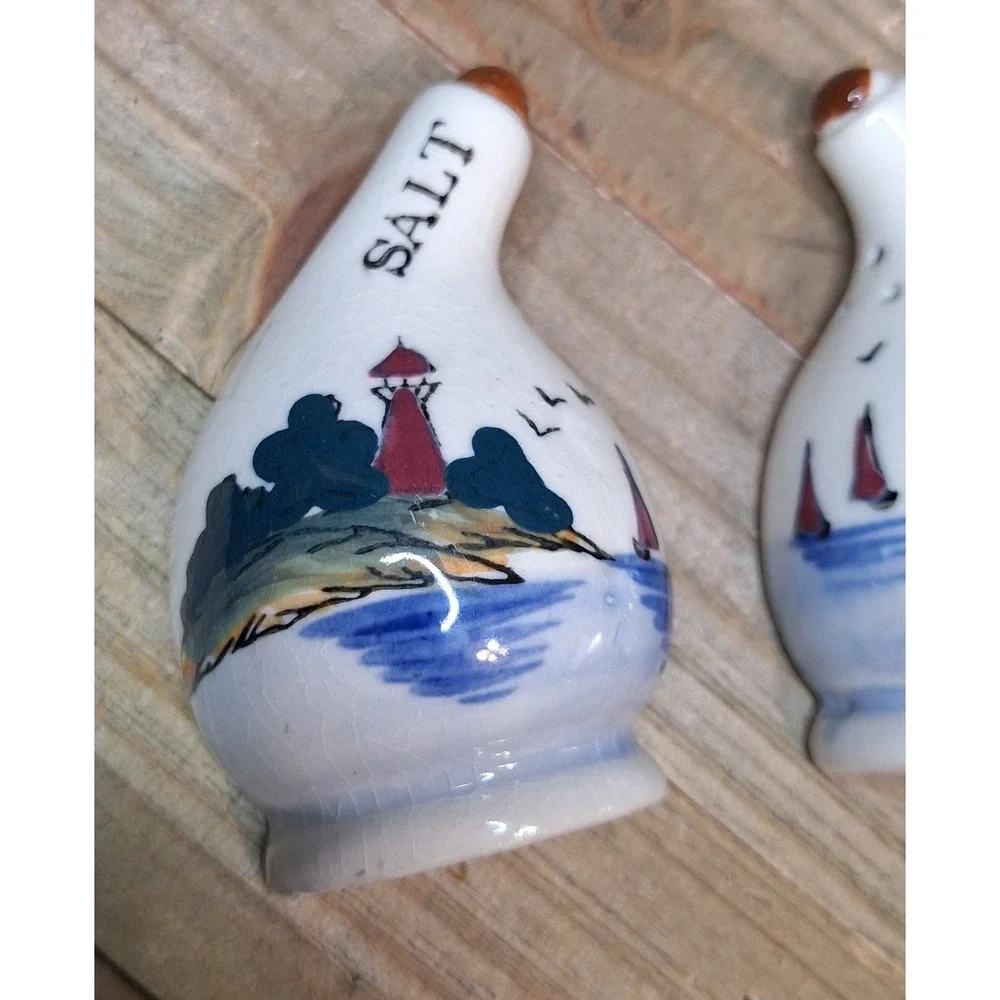 Vintage Nautical Lighthouse Sailboat Ceramic Salt and Pepper Shakers Set Corks